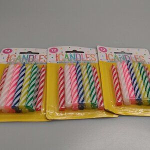 Assorted Colored Stripe Birthday Candles 3 Packs of 12 (Multipack of 36 candles)